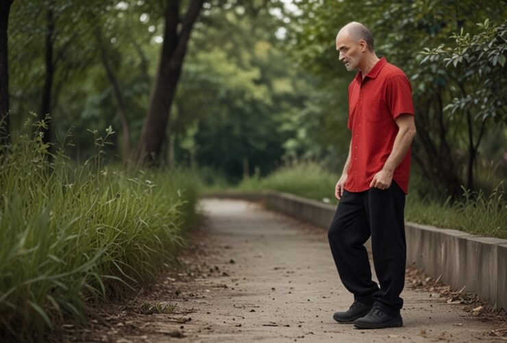 homem camisa vermelha corcunda