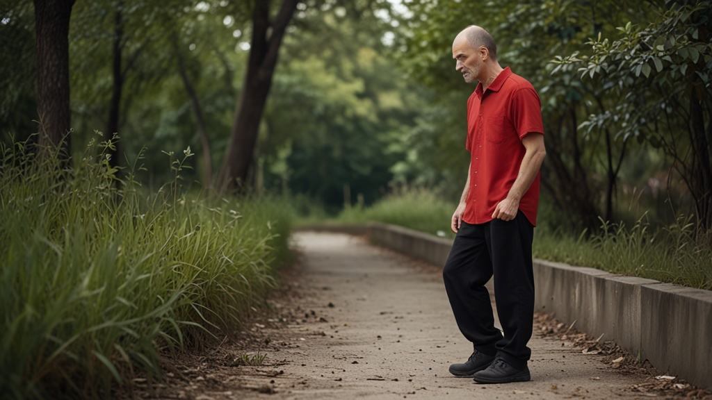 homem camisa vermelha corcunda