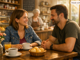 Casal encontro cafeteria