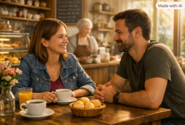 Casal encontro cafeteria
