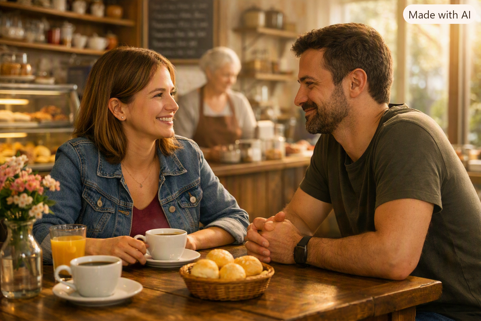 Casal encontro cafeteria